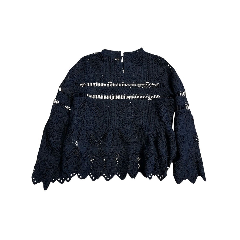 Boohoo Lace Blouse Bell Sleeve Crochet Top Semi Sheer‎ Black US 12